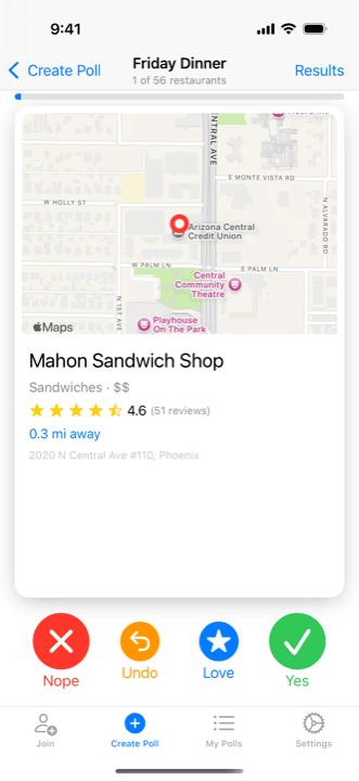 Voting on a restaurant in the Restaurantr app